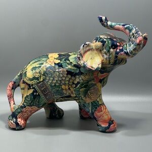 VTG La Vie Ceramic Glazed Fruit & Floral Multicolor Patchwork Elephant Figurine